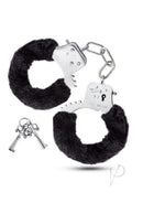 Temptasia Faux Fur Cuffs Black, soft adjustable cuffs with stainless steel locking mechanism for playful restraint.