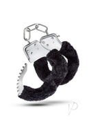 Temptasia Faux Fur Cuffs Black, plush cuffs with stainless steel accents for playful bondage and comfort.