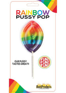 Rainbow Pussy Pops Candy Fruity Flavor colorful lollipop packaged for celebration fun.