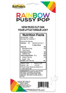 Nutrition facts label for Rainbow Pussy Pops Candy Fruity Flavor with playful text and colorful design.