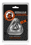 Oxballs Tri-Sport 3 Ring Cock Sling Silver packaging showcasing a metal tri-ring design for enhanced comfort and support.