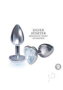 The 9's Silver Starter Bejeweled Heart Butt Plug Diamond with polished metal and heart-shaped gem base.