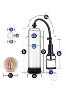 Performance VX5 Male Enhancement Penis Pump System Clear dimensions and parts, including clear cylinder and trigger pump details.