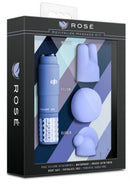 Rose Revitalize Massage Kit with Attachments Periwinkle includes a vibrating massager and three silicone attachments.
