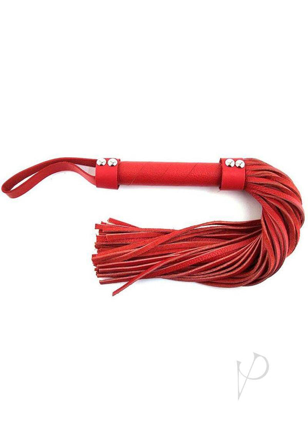 Rouge Short Leather Flogger Red featuring a compact H-style design and high-quality leather for impact play.