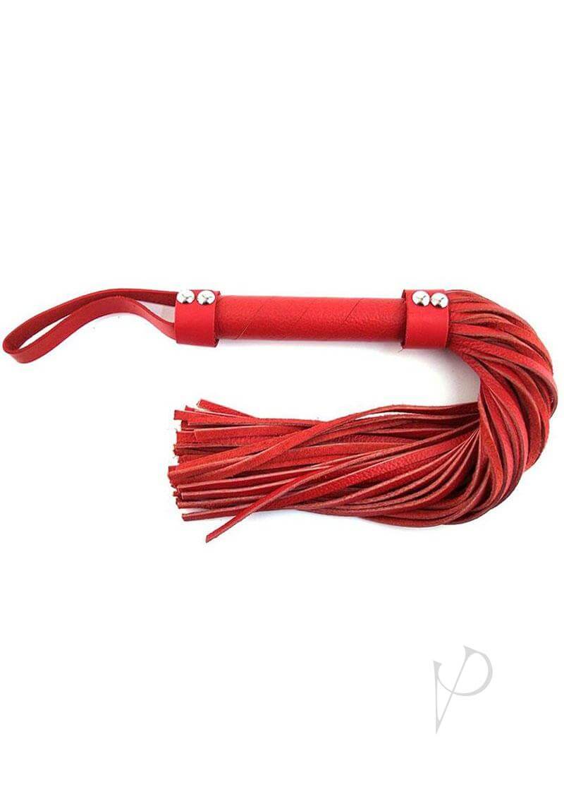 Rouge Short Leather Flogger Red featuring a compact H-style design and high-quality leather for impact play.
