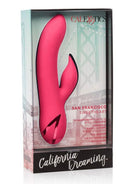 California Dreaming San Francisco Sweetheart Rabbit Vibrator in pink packaging with San Francisco bridge background.