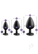 Luxe Bling Silicone Anal Training Kit Red Gems Black showing three progressively sized plugs with dimensions.