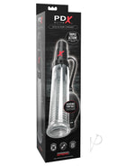 PDX Elite Suck-N-Pump Penis Pump Masturbator Clear Black on packaging with pump ball and clear chamber.