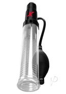 PDX Elite Suck-N-Pump Penis Pump Masturbator Clear Black with medical-style pump ball and vacuum chamber.