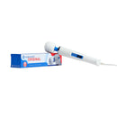 Hitachi Magic Wand massager next to its packaging, showcasing iconic design and two-speed functionality.