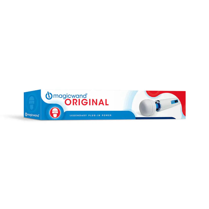 Hitachi Magic Wand Original packaging showcasing legendary plug-in power and iconic design for effective relaxation.