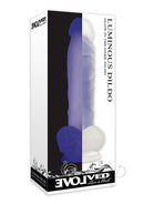 Evolved Luminous 8 Inch Glow In The Dark Dildo Purple packaging display with glowing details and realistic design.