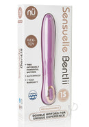 Nu Sensuelle Bentlii Rechargeable Silicone Vibrator Orchid packaging showcasing its flexible design and dual motors.