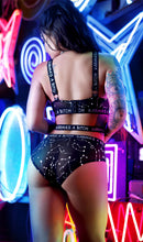Karma's a Bitch Bralette and Cutout Panty Set Black M L featuring caged metallic mesh bralette and matching cutout panty.