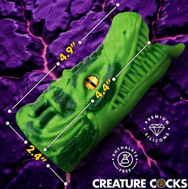 Creature Cocks Dragon Tamer Silicone Stroker Green surrounded by purple design, showcasing size and premium silicone material.