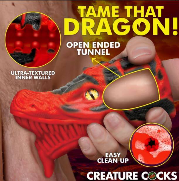 Creature Cocks Dragon Tamer Silicone Stroker Red showing ultra-textured inner walls and easy clean-up features.