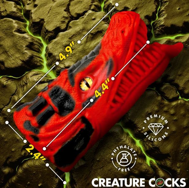 Creature Cocks Dragon Tamer Silicone Stroker Red dimensions on textured background showing size details.