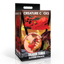 Creature Cocks Dragon Tamer Silicone Stroker Red packaging with dragon head design and text on a fantasy background.
