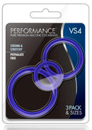 Performance VS4 Silicone Cock Ring Set 3 Sizes Indigo - 3 pack of strong and stretchy non-phthalate silicone rings.