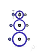 Performance VS4 Silicone Cock Ring Set 3 Sizes Indigo, showing dimensions of three rings in indigo color.