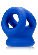 Oxballs Tri-Squeeze 3-Ring Ball Stretching Sling Blue side view showcasing its design and vibrant blue color.