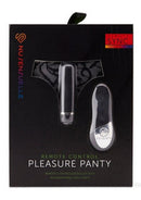 Nu Sensuelle Pleasure Panty Vibe with Remote Control Black packaging with remote and lace panty displayed.