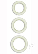 Firefly Halo Small Silicone Cock Ring Glow In The Dark Clear – three glow-in-the-dark silicone cock rings displayed.