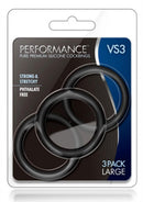 Performance VS3 Silicone Cock Rings 3 Pack Large Black packaging featuring strong and stretchy silicone rings.
