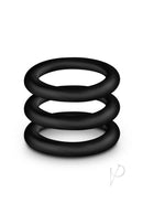 Performance VS3 Silicone Cock Rings 3 Pack Large Black displayed in a stack, showcasing their stretchy and body-safe design.