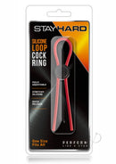 Stay Hard Silicone Loop Cock Ring Adjustable Cock Tie Red packaging featuring a stretchy silicone design and adjustable features.