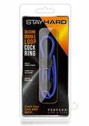 Stay Hard Silicone Double Loop Adjustable Cock Ring Blue packaging featuring fully adjustable double loop design.
