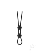 Stay Hard Silicone Double Loop Adjustable Cock Ring Black, featuring a lasso-style locking slide for adjustable fit.