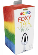 Rainbow Foxy Tail Pleasure Stainless Steel Plug packaging with colorful faux fur design.