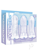 The 9's Vibrating Sextenders Penis Extensions 3 Pack Clear with textured sleeves for enhanced sensation.