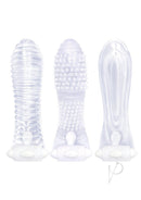 The 9's Vibrating Sextenders Penis Extensions 3 Pack Clear - features three textured sleeves for enhanced sensation.
