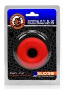 Oxballs Big Ox Super Mega Stretch Silicone Cock Ring Red displayed in packaging with branding.
