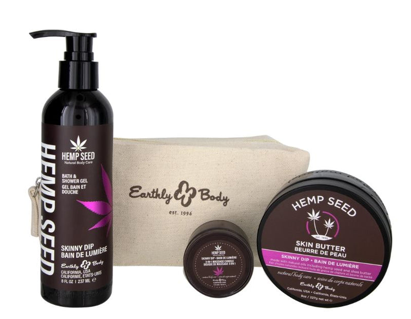Earthly Body Hemp Seed Shower and Spa Gift Set featuring Hemp Seed Bath Gel, Skin Butter, and Massage Candle.