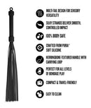 Temptasia Ardor Silicone Flogger Black showcasing features like multi-tail design, body-safe silicone, and travel-friendly use.