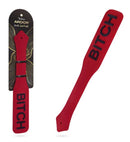 Temptasia Ardor Silicone Paddle Red featuring bold 'BITCH' text on a vibrant red silicone surface.