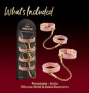 Temptasia Ardor Silicone Wrist and Ankle Restraints Pink displayed with packaging and included accessories.