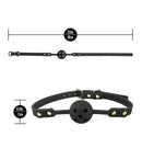 Temptasia Ardor Silicone Ball Gag Black dimensions and design with adjustable straps and silicone gag.