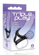 The 9's Triple Play Cock Ring Black packaging showcasing its versatile design for enhanced pleasure.