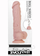 Big Shot 8 Inch Vibrating Squirting Dong with Balls Vanilla in packaging, showcasing lifelike texture and design.