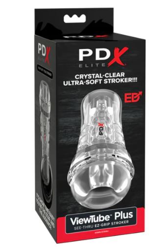 PDX Elite ViewTube See-Thru EZ-Grip Stroker Clear packaging displayed with a crystal-clear stroker design.