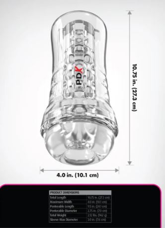 PDX Elite ViewTube See-Thru EZ-Grip Stroker Clear dimensions and design illustration for product display.