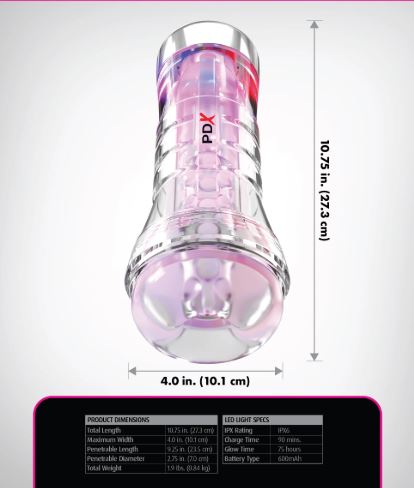 PDX Elite ViewTube XXL See-Thru EZ-Grip LED Stroker Clear showing dimensions and LED light specs.