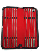Rouge Rosebud 12 Piece Urethral Dilator Set Silver displayed in case on red background, showcasing smooth tips and varying sizes.
