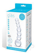 Glas Curved Beaded Glass Dildo 5 Inch Clear packaging featuring a 5 inch hand blown glass dildo with beads.