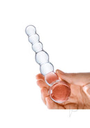 Glas Curved Beaded Glass Dildo 5 Inch Clear held in hand showcasing its elegant design and smooth beads.